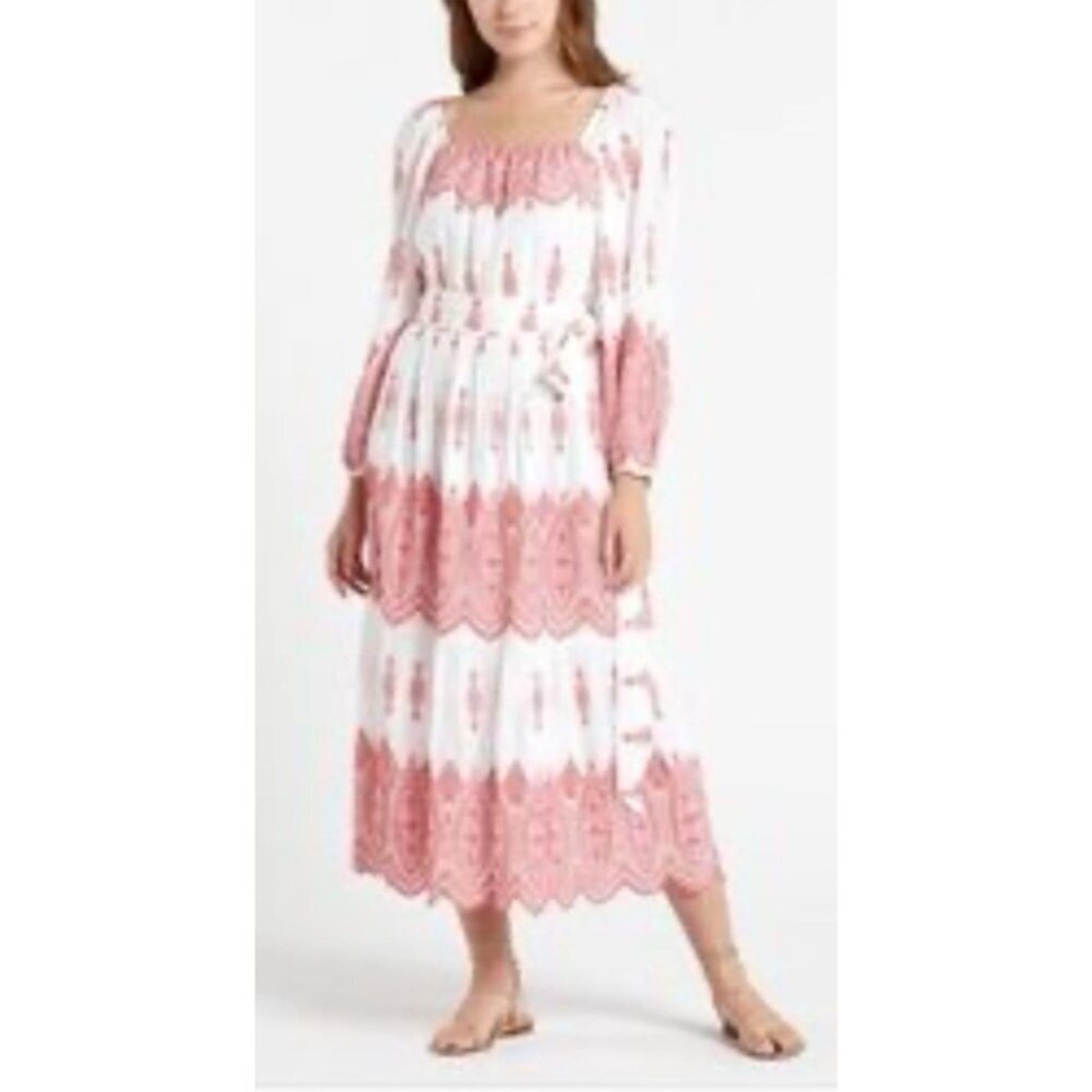 Marie Oliver Maxi Dress S Small White Red Embroidered Colorful Smocked